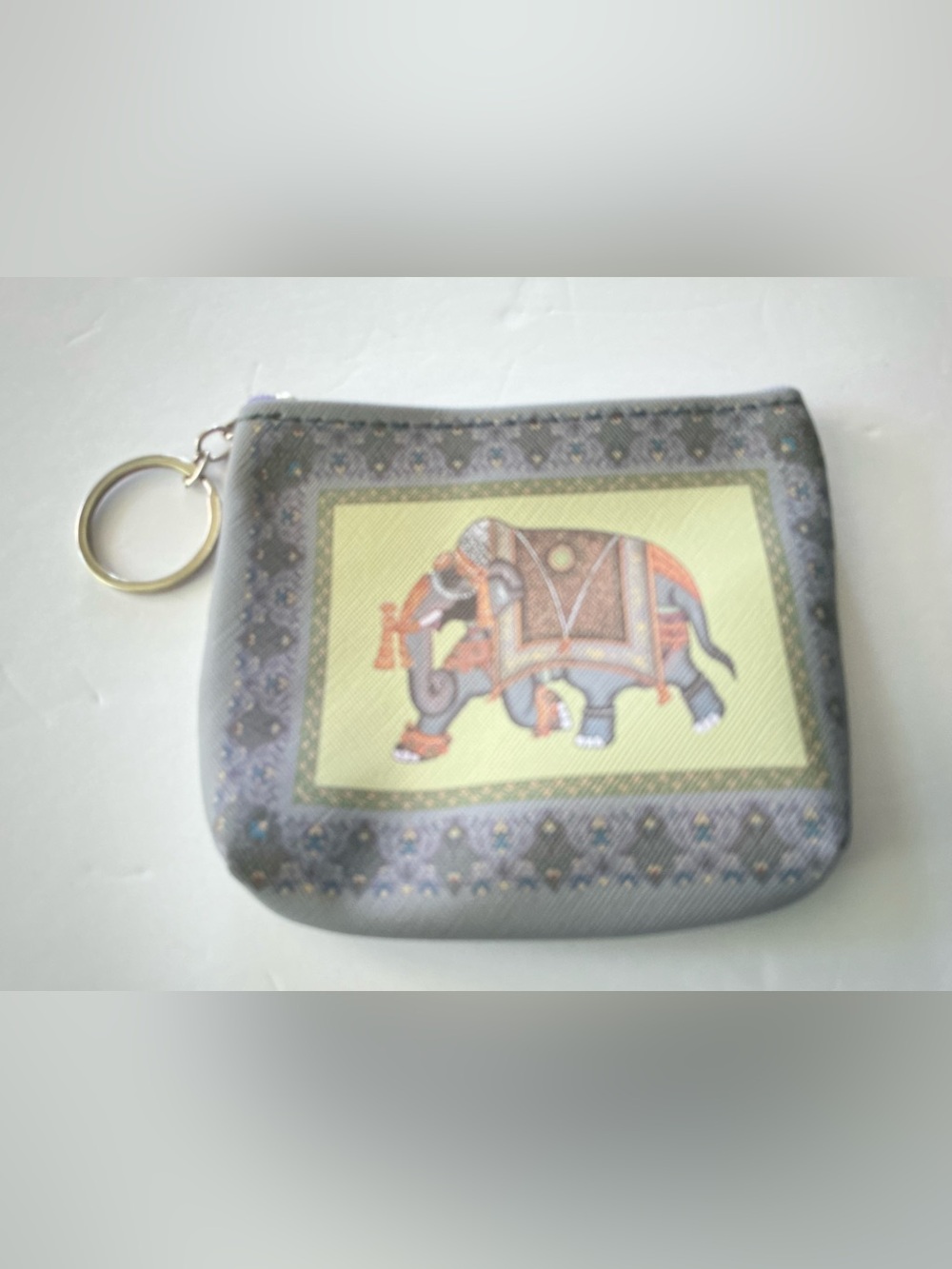 Elephant Print Keychain Coin Purse - Gray